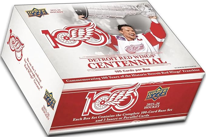 2025-26 UPPER DECK DETROIT RED WINGS CENTENNIAL HOCKEY CARD BOX – 105 CARDS