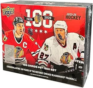 2025-26 UPPER DECK CHICAGO BLACKHAWKS 100TH ANNIVERSARY HOCKEY CARD BOX – 105 CARDS